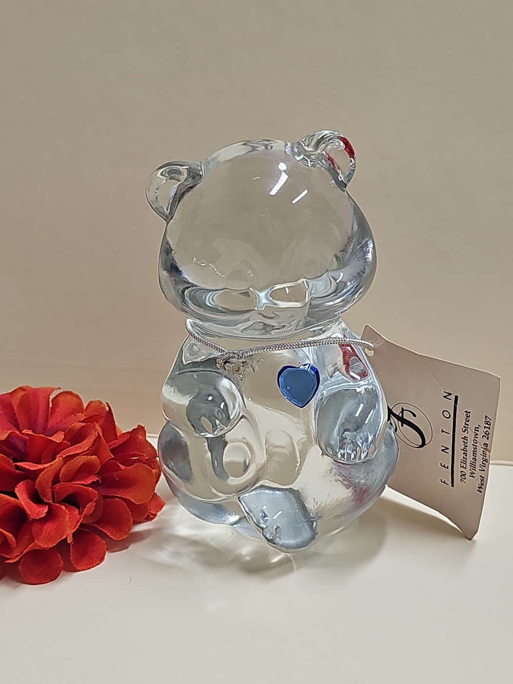 Vintage Fenton Clear Glass SEPTEMBER Birthday Bear with Blue Heart Accent 3.5"